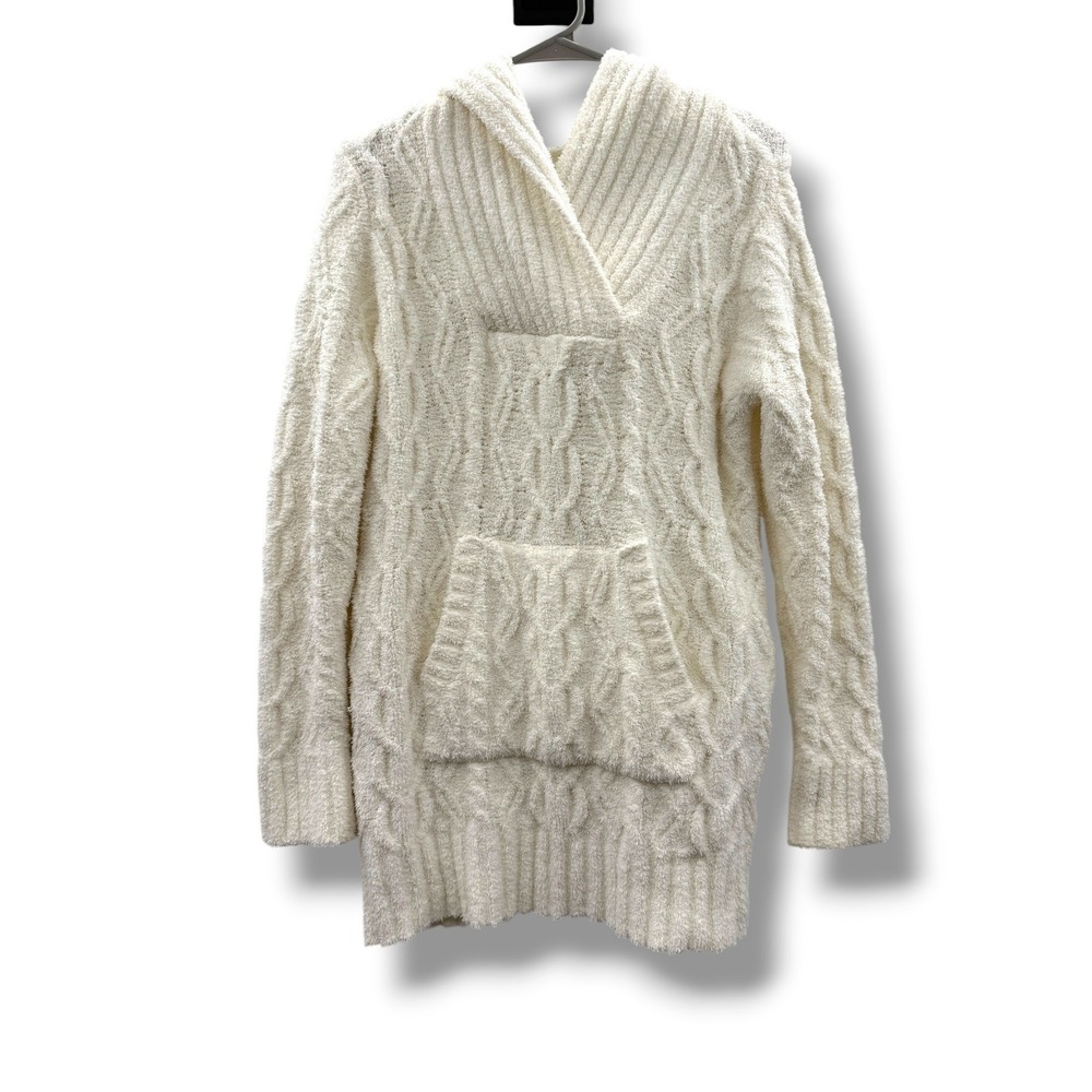 Barefoot Dreams CozyChic Cable Knit Hoodie Womens S Ivory Tunic BDWCC1548